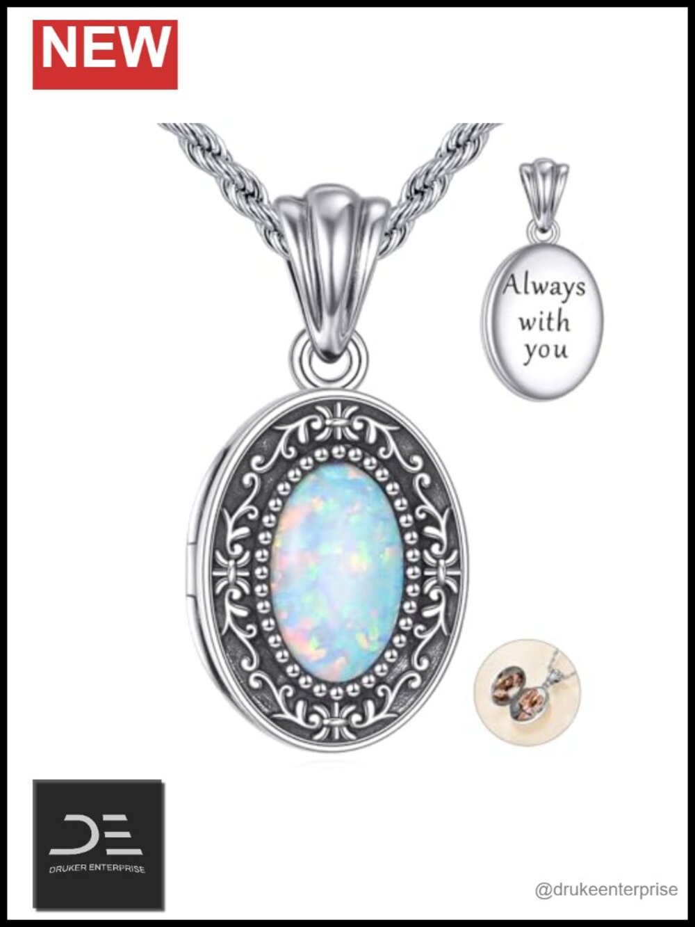 Sterling Silver Oval Opal Photo Locket Necklace